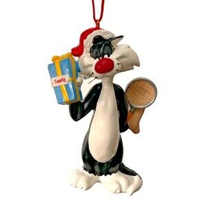 Vtg '96 Looney Tunes Sylvester the Cat Tweety Christmas Tree Ornament Santa Bell